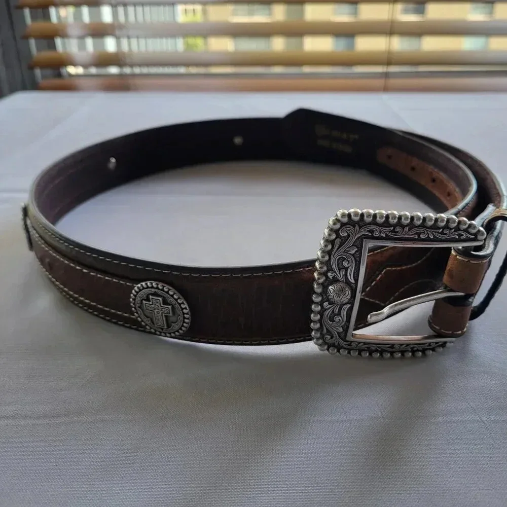 Western Style SILVER CROSS Men’s Genuine Leather Belt